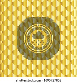 rain icon inside gold badge. Scales pattern. Vector Illustration. Detailed.