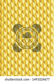 rain icon inside gold emblem. Scales pattern. Vector Illustration. Detailed.
