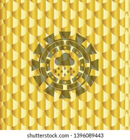 rain icon inside gold shiny emblem. Scales pattern. Vector Illustration. Detailed.