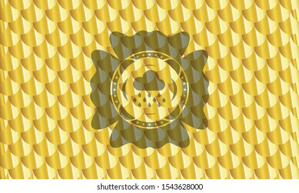 rain icon inside gold shiny emblem. Scales pattern. Vector Illustration. Detailed.