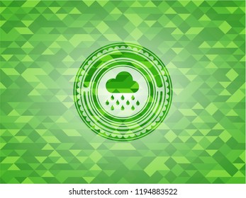 rain icon inside green emblem. Mosaic background