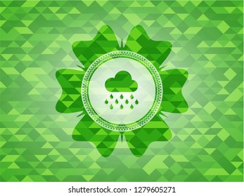 rain icon inside green emblem. Mosaic background