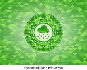 rain icon inside green emblem. Mosaic background. 