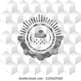 rain icon inside grey emblem. Vintage with geometric cube white background