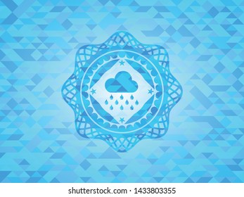rain icon inside light blue emblem with mosaic background
