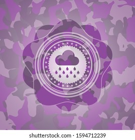 rain icon inside pink and purple camouflage emblem