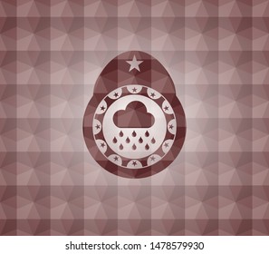 rain icon inside red emblem or badge with geometric pattern background. Seamless.