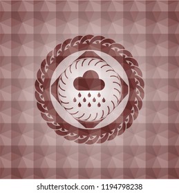 rain icon inside red seamless emblem or badge with geometric pattern background.