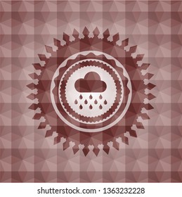 rain icon inside red seamless emblem or badge with geometric pattern background.