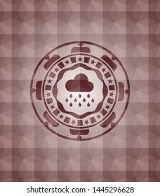 rain icon inside red seamless emblem or badge with abstract geometric pattern background.