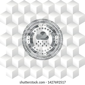 rain icon inside retro style grey emblem with geometric cube white background