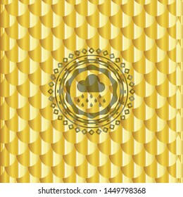 rain icon inside shiny golden badge. Scales pattern. Vector Illustration. Detailed.