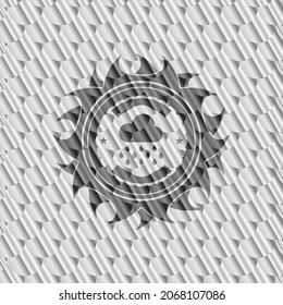 rain icon inside silver color emblem. Scales pattern. Vector Illustration. Detailed. 