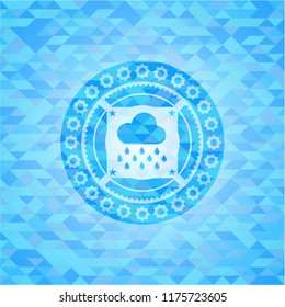 rain icon inside sky blue emblem with mosaic ecological style background
