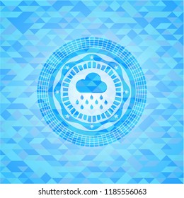 rain icon inside sky blue emblem with mosaic background