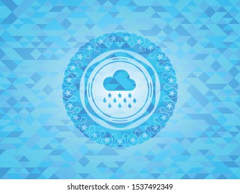 rain icon inside sky blue emblem with mosaic ecological style background