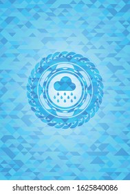 rain icon inside sky blue emblem with mosaic background