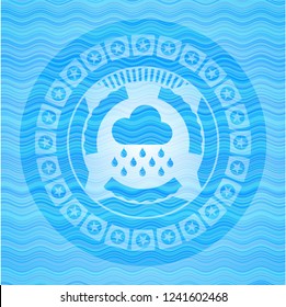 rain icon inside water wave style badge.