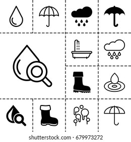 Rain icon. set of 13 filled and outline rain icons such as boot, drop under magnifier, rain, shower, water drop, blood