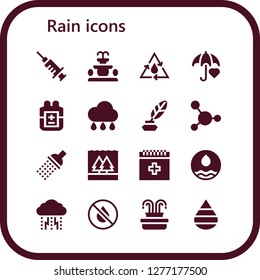  rain icon set. 16 filled rain icons. Simple modern icons about  - Blood, Fountain, Water, Umbrella, Rain, Ink, Shower, Flood, Depression, Drop