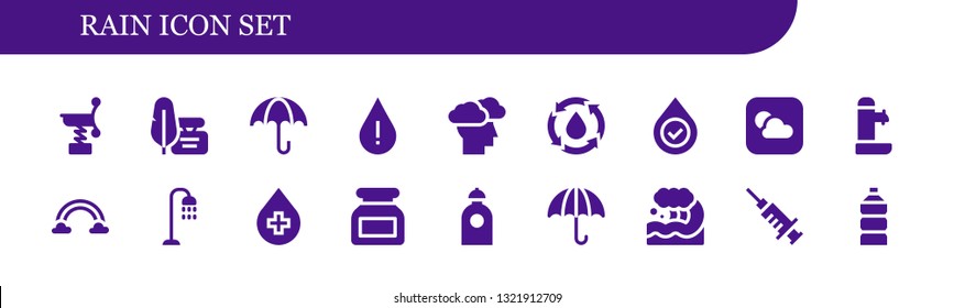 rain icon set. 18 filled rain icons.  Simple modern icons about  - Spring, Ink, Umbrella, Drop, Storm, Water, Blood, Weather, Fountain, Rainbow, Shower, Wave