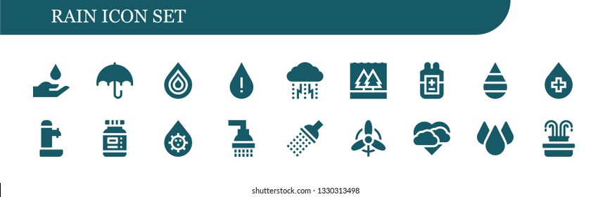 rain icon set. 18 filled rain icons.  Collection Of - Blood, Umbrella, Drop, Depression, Flood, Fountain, Ink, Shower, Wind, Storm