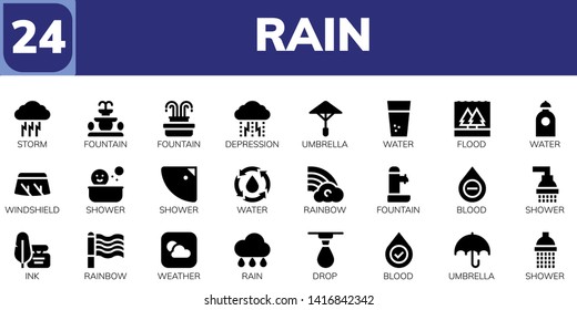 rain icon set. 24 filled rain icons.  Collection Of - Storm, Fountain, Depression, Umbrella, Water, Flood, Windshield, Shower, Rainbow, Blood, Ink, Weather, Rain, Drop
