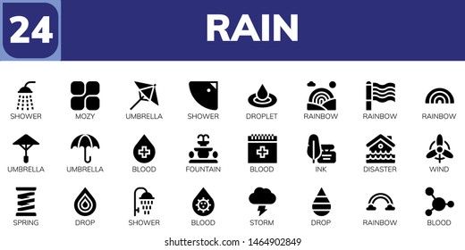 rain icon set. 24 filled rain icons.  Collection Of - Shower, Mozy, Umbrella, Droplet, Rainbow, Blood, Fountain, Ink, Disaster, Wind, Spring, Drop, Storm