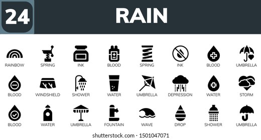 rain icon set. 24 filled rain icons.  Simple modern icons about  - Rainbow, Spring, Ink, Blood, Umbrella, Windshield, Shower, Water, Depression, Storm, Fountain, Wave, Drop