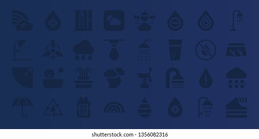 rain icon set. 32 filled rain icons. on blue background style Simple modern icons about  - Rainbow, Shower, Umbrella, Blood, Wind, Water, Rain, Fountain, Weather, Drop, Storm