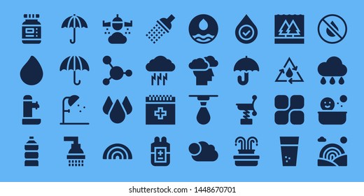 rain icon set. 32 filled rain icons. on blue background style Collection Of - Ink, Paint drop, Fountain, Water, Umbrella, Shower, Rain, Blood, Drop, Rainbow, Storm, Cloudy, Spring