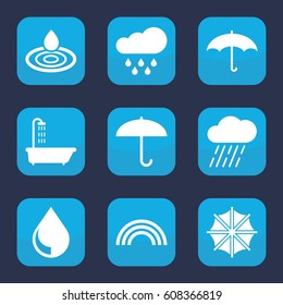 Rain icon. set of 9 filled rain icons such as shower, water drop, rain, umbrella, drop