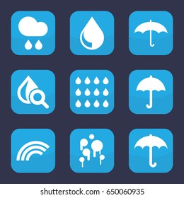 Rain icon. set of 9 filled rain icons such as drop under magnifier, umbrella, rain, drop, blood