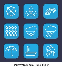 Rain icon. set of 9 outline rain icons such as shower, water drop, rain, drop, umbrella, blood