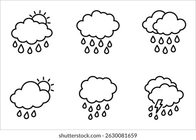 Regenpictogramset, Wolkentekens, Stormweersymbool, Regendruppelsymbolen, illustratie geïsoleerd op een witte achtergrond.