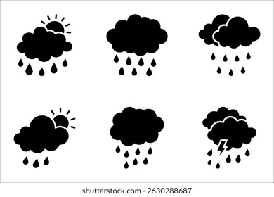 Rain icon set, Cloud signs, Storm weather symbol, Raindrop symbols, illustration isolated on white background.