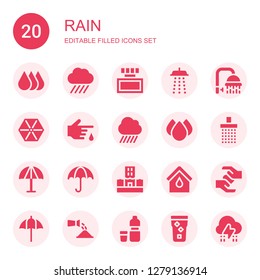 rain icon set. Collection of 20 filled rain icons included Drops, Rain, Ink, Shower, Umbrella, Blood, Flood, Watering, Water, Storm