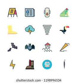 rain icon set. vector set about tornado, boot, text lines and bats icons set.