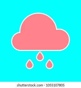 Rain icon. Vector. Magenta icon with white sticker contour at sky blue background. Isolated.