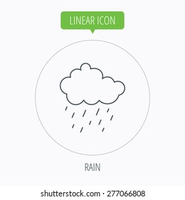 Rain icon. Water drops and cloud sign. Rainy overcast day symbol. Linear outline circle button. Vector
