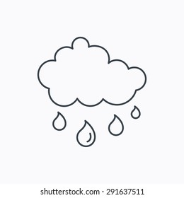 Rain icon. Water drops and cloud sign. Rainy overcast day symbol. Linear outline icon on white background. Vector