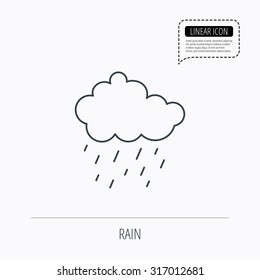 Rain icon. Water drops and cloud sign. Rainy overcast day symbol. Linear outline icon. Speech bubble of dotted line. Vector