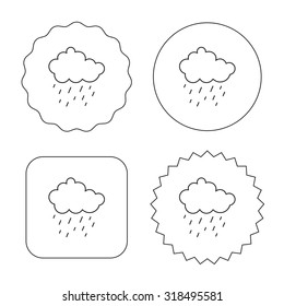 Rain icon. Water drops and cloud sign. Rainy overcast day symbol. Flat circle, star and emblem buttons. Labels design. Vector