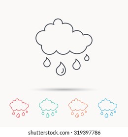 Rain icon. Water drops and cloud sign. Rainy overcast day symbol. Linear icons on white background. Vector