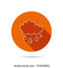 Rain icon. Water drops and cloud sign. Rainy overcast day symbol. Round orange web button with shadow.
