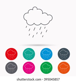 Rain icon. Water drops and cloud sign. Rainy overcast day symbol. Linear icons in circles on white background.