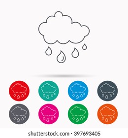 Rain icon. Water drops and cloud sign. Rainy overcast day symbol. Linear icons in circles on white background.