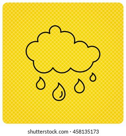 Rain icon. Water drops and cloud sign. Rainy overcast day symbol. Linear icon on orange background. Vector