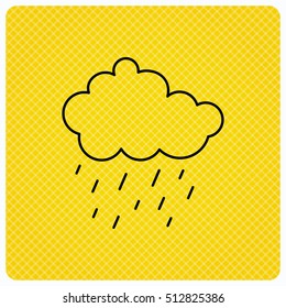 Rain icon. Water drops and cloud sign. Rainy overcast day symbol. Linear icon on orange background. Vector