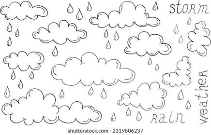 Rain icons - clouds and drops in the doodle vector set